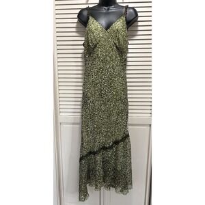 Believe Green Geo Chiffon Sleeveless Maxi Dress Size 12 Lace Straps Lined‎